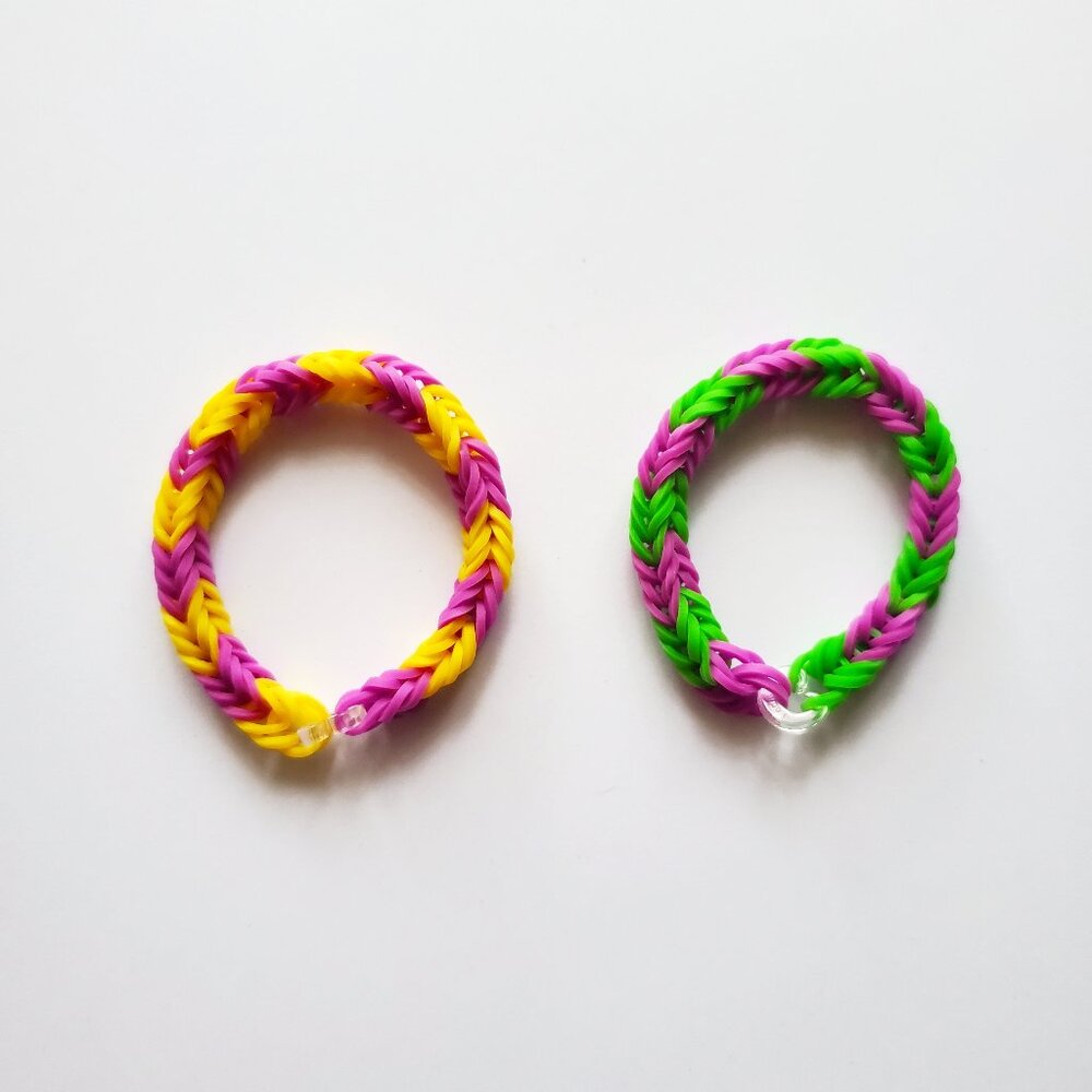 Green/Purple/Yellow Handmade Fishtail Rainbow Loom Bracelets